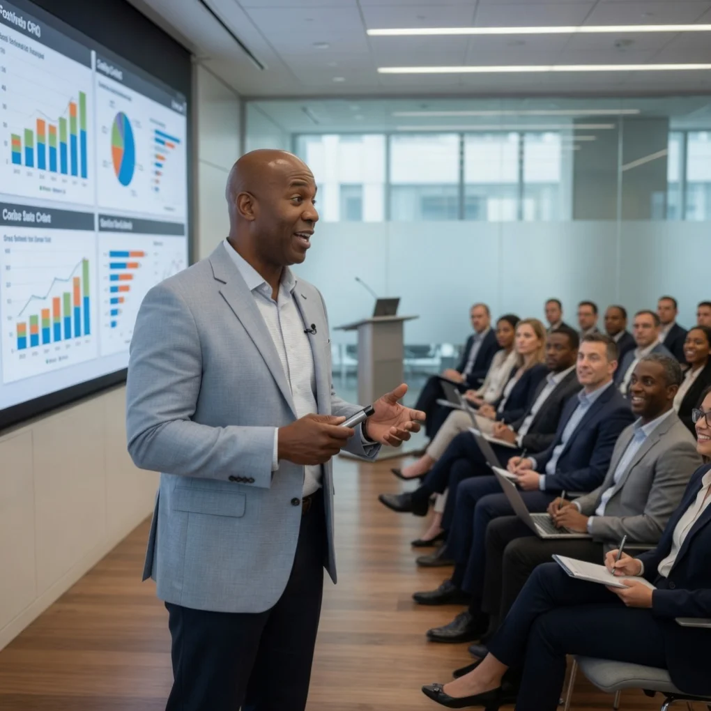 Paul Dobynes presenting performance insights to a leadership team